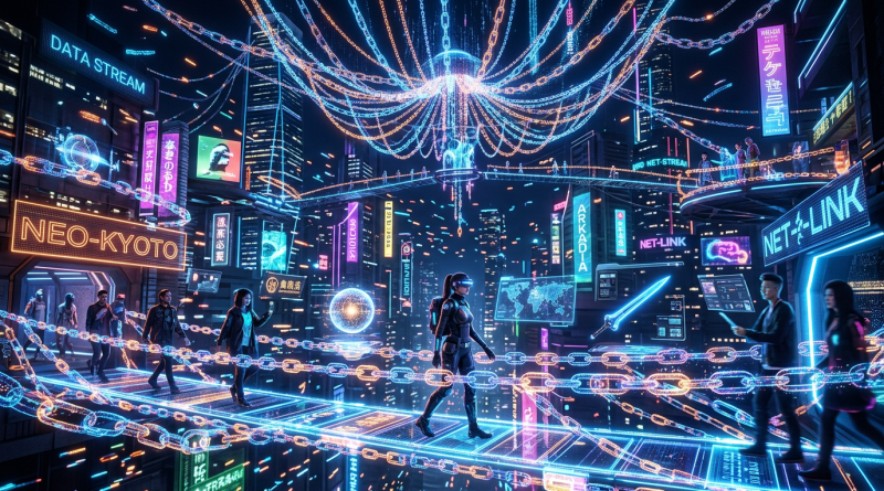 People walking on glowing pathways with floating chains and digital holograms in a futuristic neon cityscape