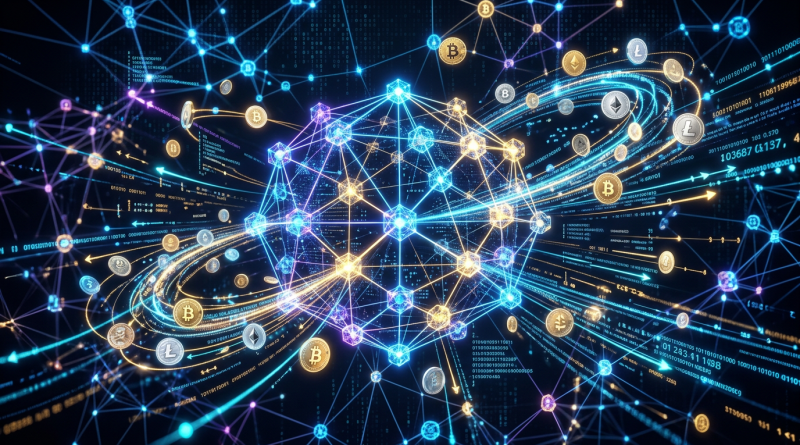 Digital network with glowing nodes and various cryptocurrency symbols including Bitcoin, Ethereum, Litecoin