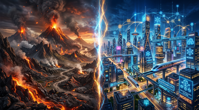 Left side shows erupting volcanoes with lava and smoke; right side depicts a futuristic city with skyscrapers, digital blockchain symbols, and elevated trains.