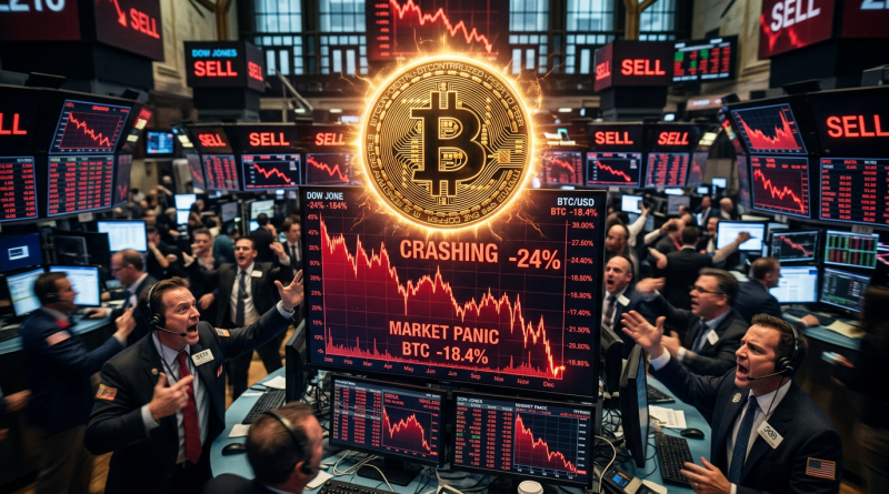 Stock traders in a busy exchange with multiple red 'SELL' signs and declining stock charts showing Bitcoin crashing 24%