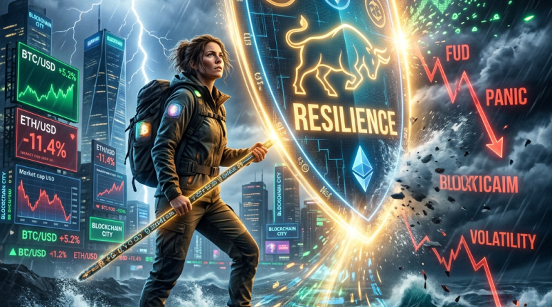 Person holding a glowing staff standing before a shield labeled resilience blocking red downward financial arrows