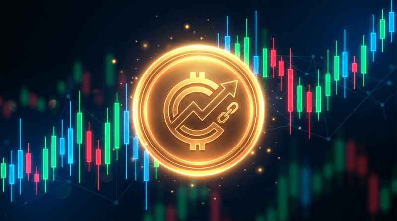 Glowing cryptocurrency coin with upward arrow and candlestick financial charts