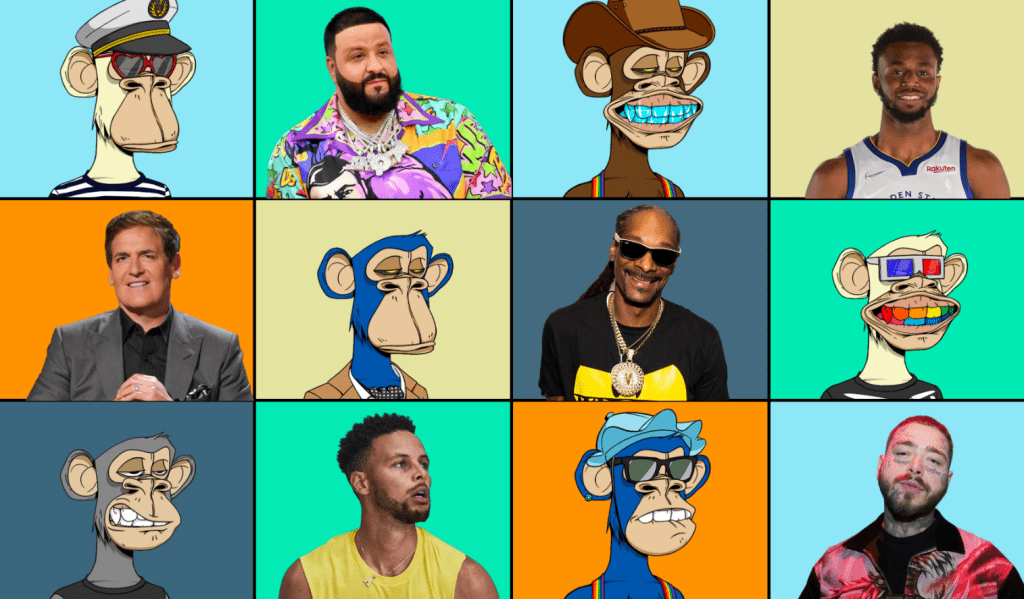 Grid of celebrities alongside their Bored Ape avatars highlighting mainstream NFT adoption.