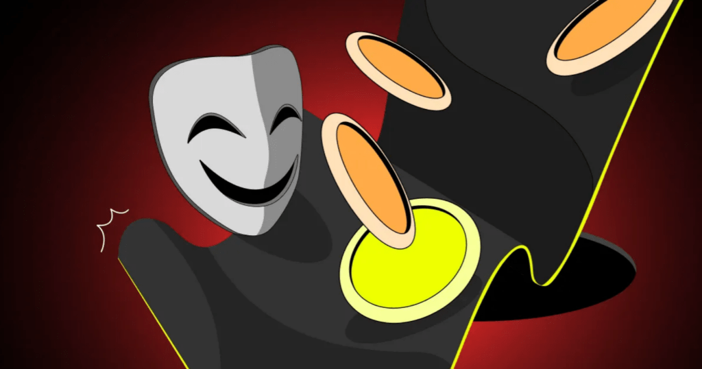 Illustration of a smiling theater mask next to a black-gloved hand pulling yellow coins, symbolizing crypto fraud.