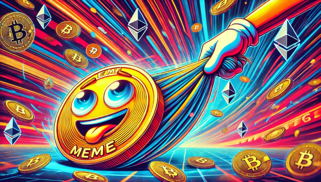 Colorful digital art showing a smiling meme coin emoji pulled by a hand amid flying crypto symbols, representing sudden market collapse.