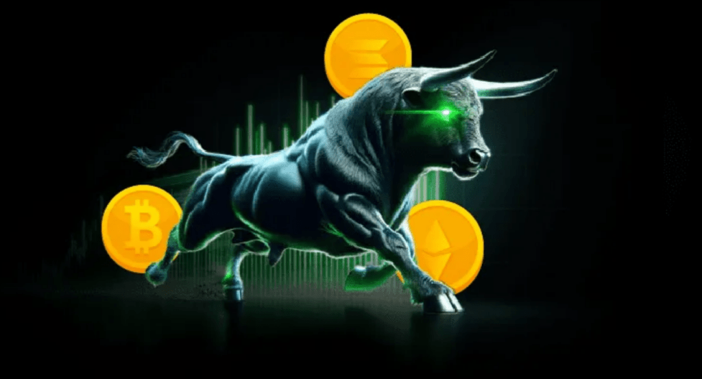  3D illustration of a golden Ethereum coin, bull statue, and financial charts representing bullish sentiment in the ETH market.