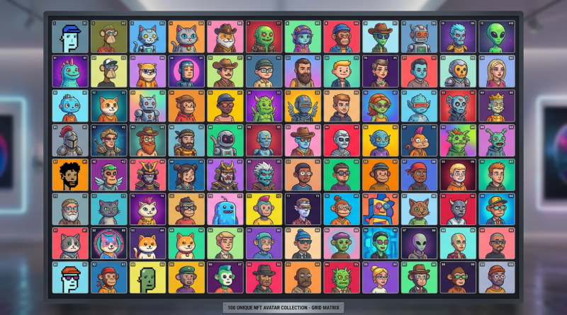 Grid of 100 diverse colorful NFT avatars with different characters and backgrounds