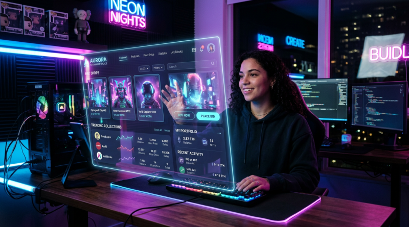 Woman using holographic screen to browse and bid on NFTs in a high-tech room