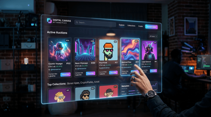 Person using holographic interface to browse and bid on NFTs in a digital marketplace