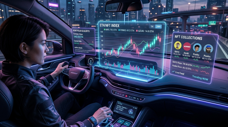 Driver in futuristic car with holographic NFT and ETH cryptocurrency dashboards