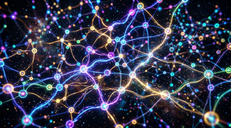 Glowing interconnected nodes and lines representing neural network connections in vibrant colors