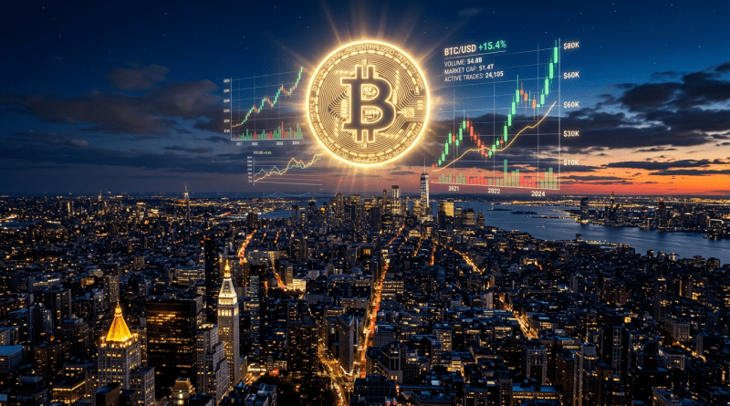 Bitcoin symbol with upward price charts above New York City at night