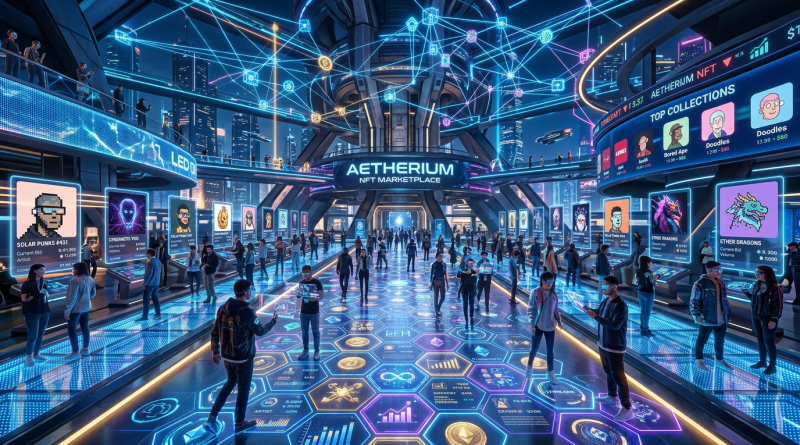 Futuristic marketplace interior with people viewing digital NFT art displays and interactive holographic interfaces