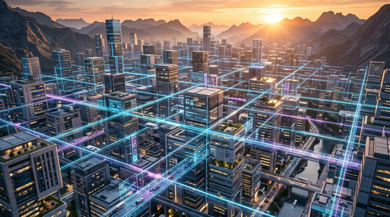 Modern cityscape with illuminated digital network lines overlaying buildings and roads