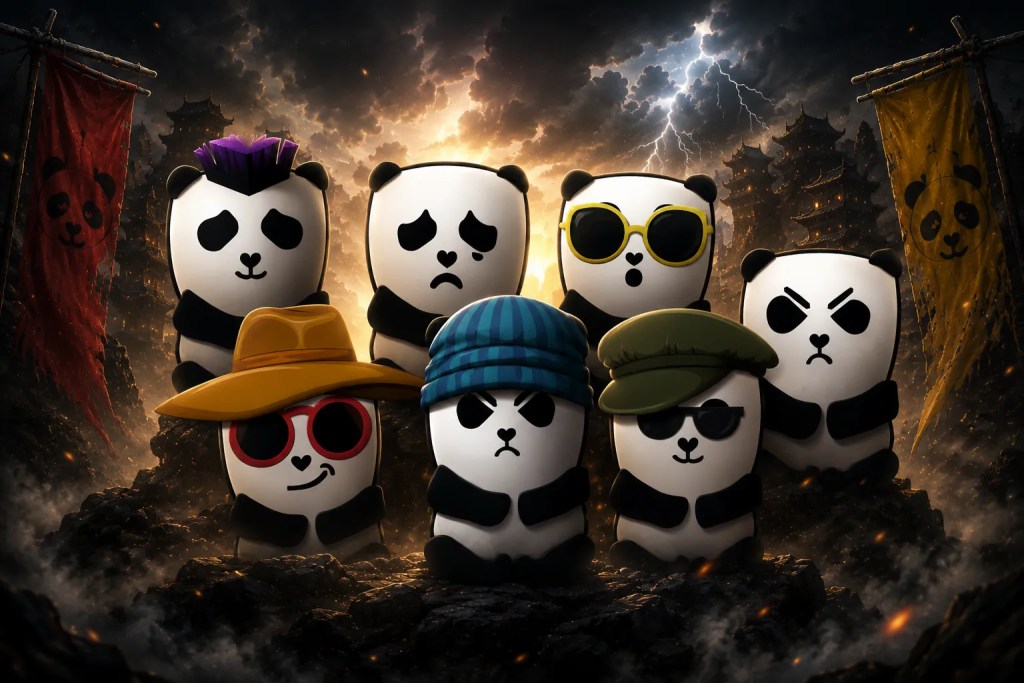 Group of stylized panda characters with sunglasses, hats, and punk styles in dramatic apocalyptic setting for panda.exe NFT.
