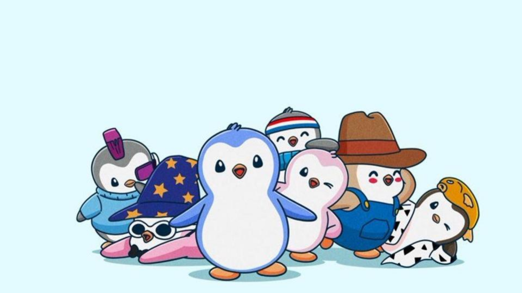  Cute cartoon penguins in various outfits representing the popular NFT collection known for brand extensions and toys.