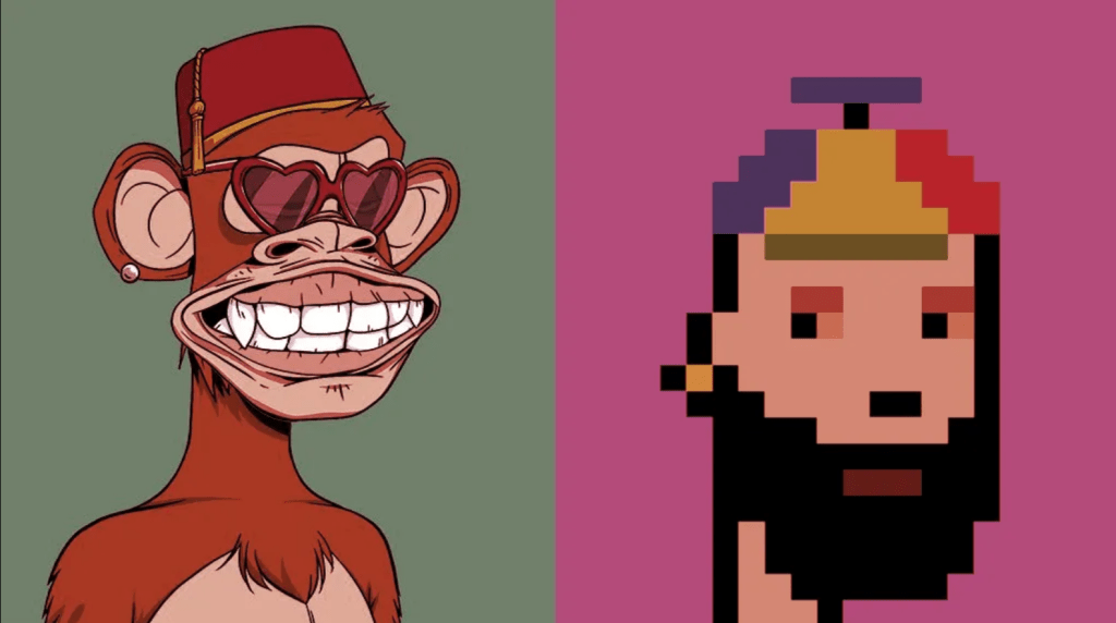 Vibrant digital illustrations of Bored Ape characters alongside pixelated CryptoPunk figures, representing popular profile picture NFT aesthetics.