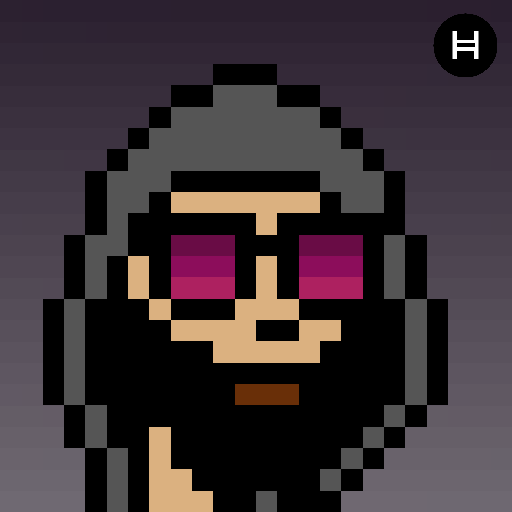 Pixelated punk avatar with mohawk and edgy accessories on dark background, representing HederaPunks NFT collection.