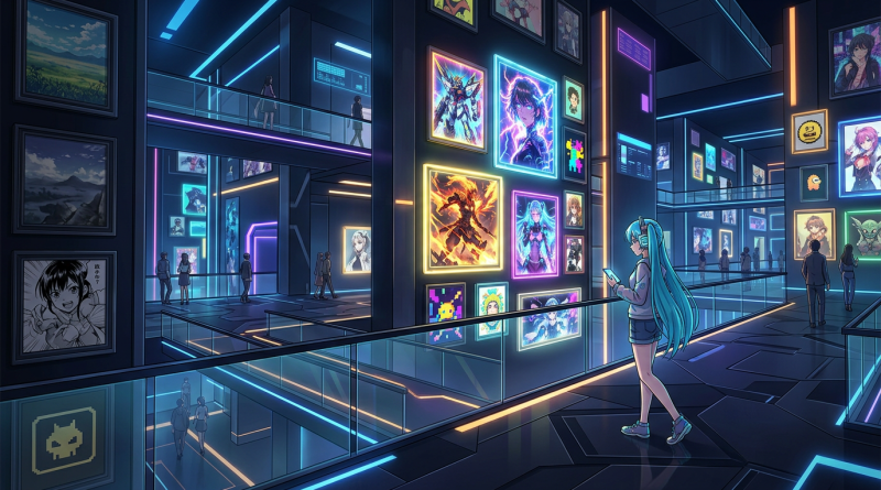 Futuristic gallery interior with glowing anime-style art displays and visitors walking around