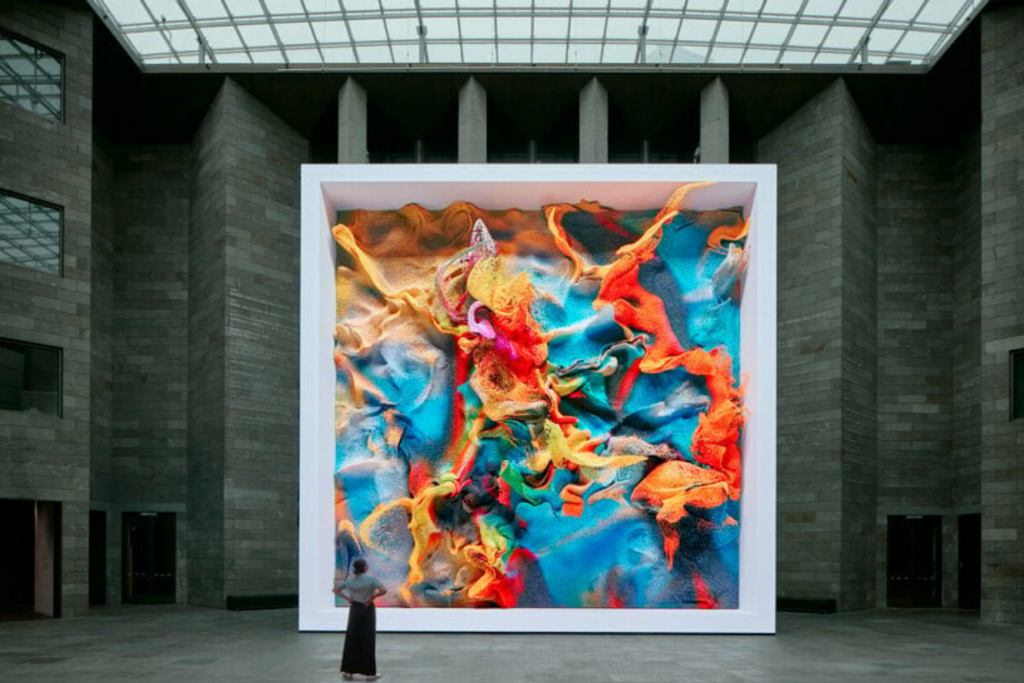Expansive colorful abstract painting exhibited in a sleek modern gallery, embodying premium NFT digital art ownership.