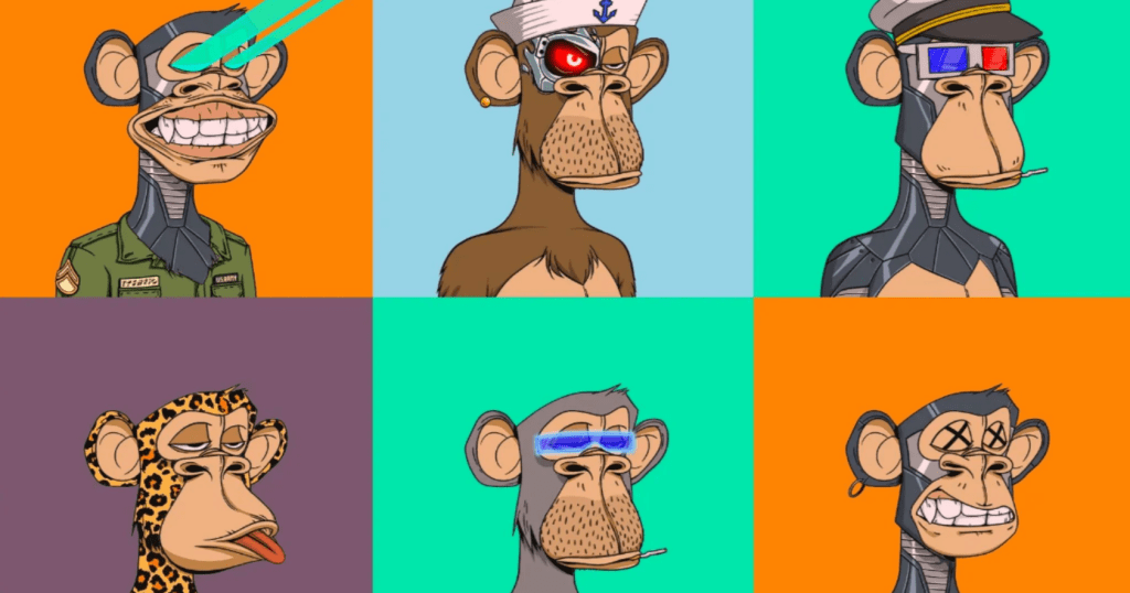 Grid of cartoon ape avatars with varied clothing, expressions, and accessories representing BAYC's popular collection.