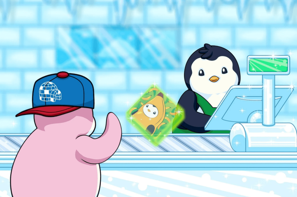 Cute cartoon Pudgy Penguin characters as physical plush toys and in a vibrant retail/ice-themed digital scene, showcasing phygital branding.