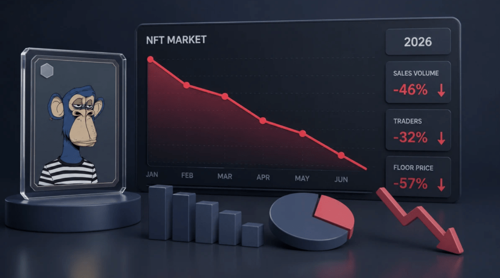 3D-rendered visualization with a bored ape-style NFT figure, declining-then-stabilizing line chart for NFT sales volume, bar graphs, pie chart, and red downward arrow elements representing 2026 market data.