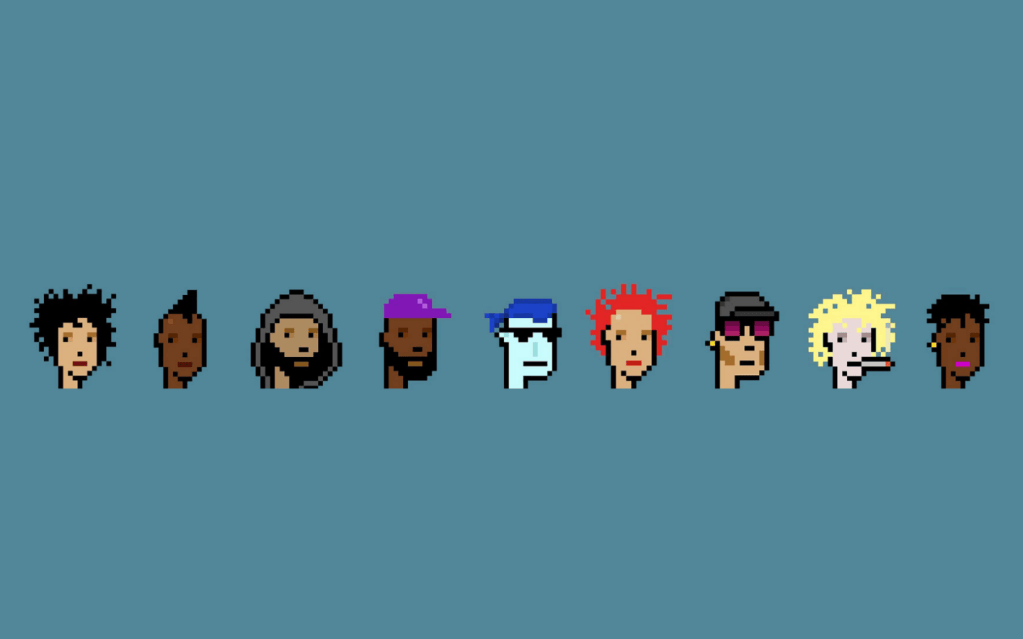 Horizontal lineup of nine distinct pixelated CryptoPunk avatars with varied hairstyles, accessories, and skin tones against a solid blue background.