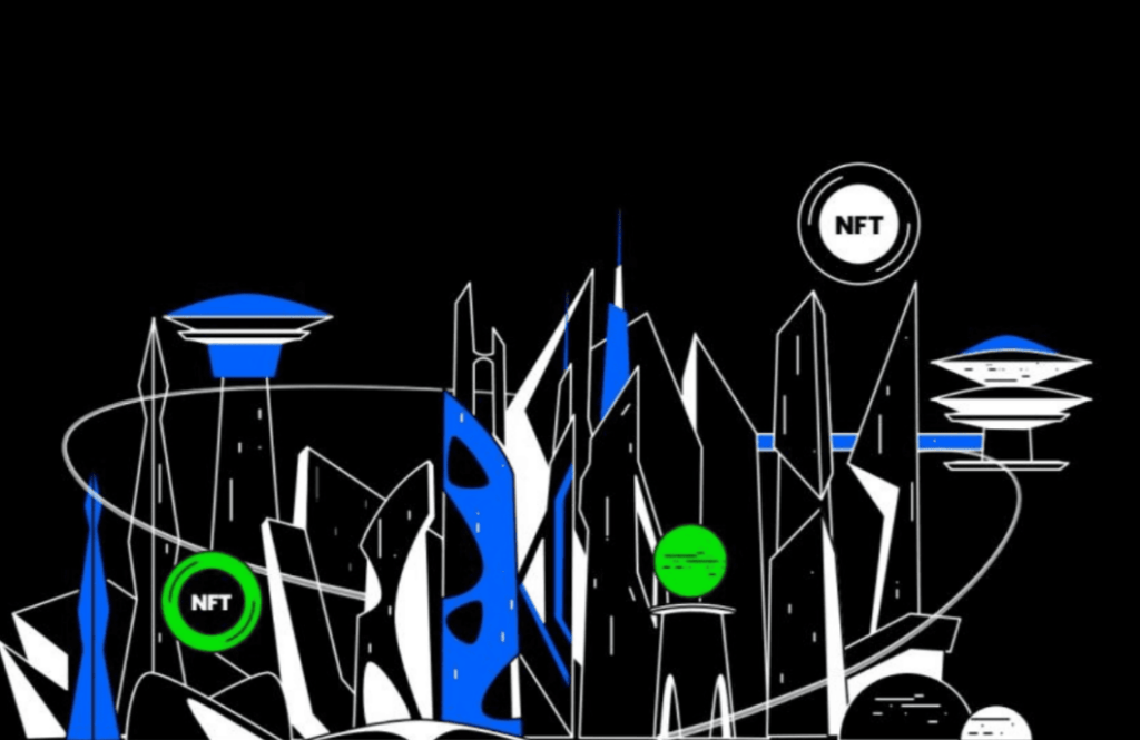 Abstract digital illustration of NFT-themed futuristic cityscape with glowing elements.