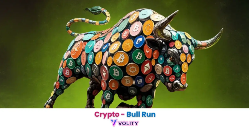 Artistic 3D rendering of a powerful bull figure covered in colorful crypto coin symbols against a green background, evoking 2026 bull market themes.