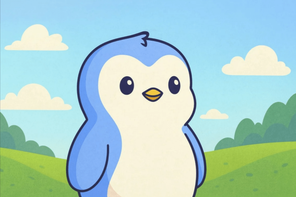 Single blue cartoon penguin with big eyes standing happily in a green field under a clear blue sky with clouds.