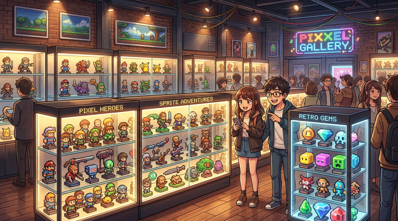 Visitors viewing pixel-art game character collectibles in a gallery