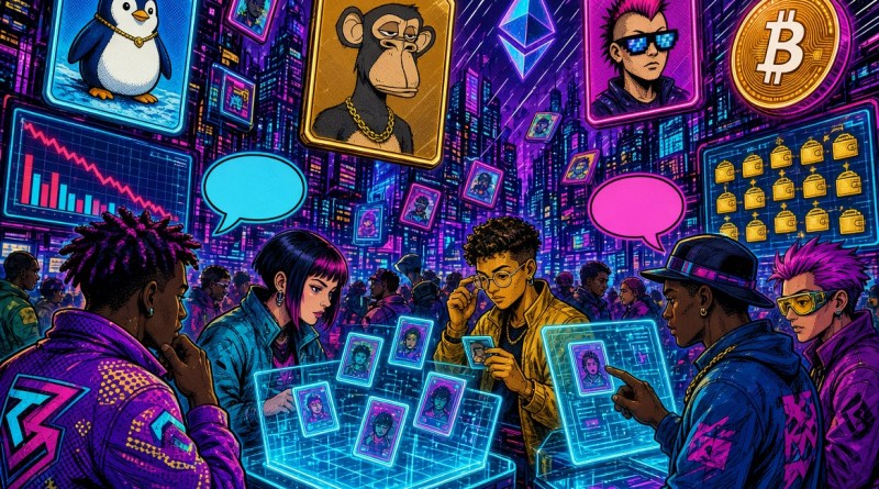 Comic-style illustration of collectors trading glowing digital artworks and collectibles at neon marketplace kiosks in a cyber city, with no text.