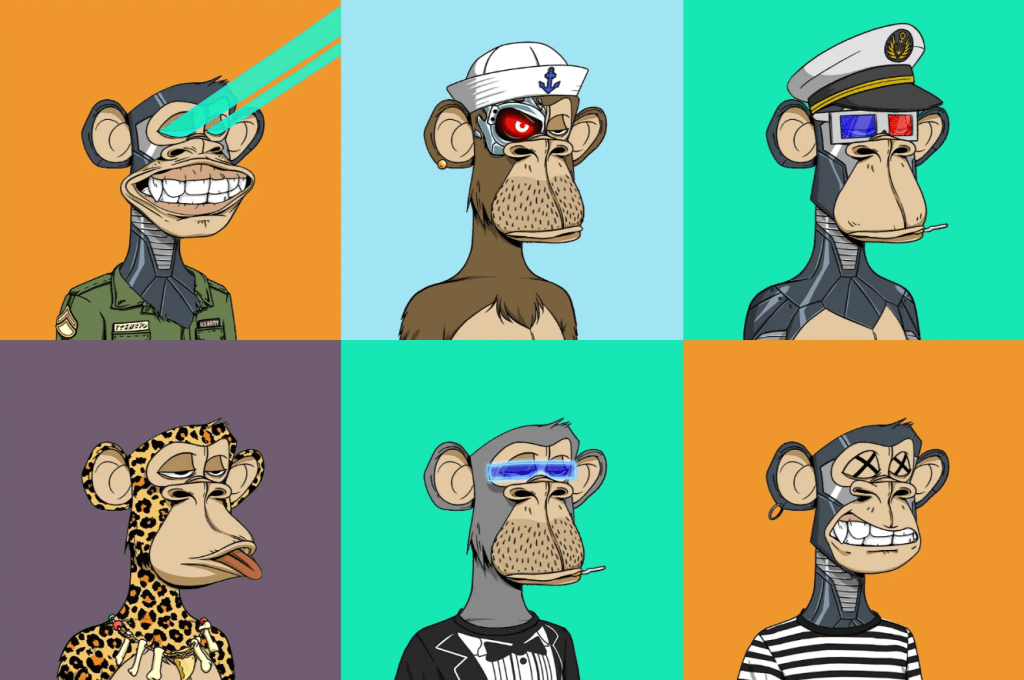 Grid of six colorful Bored Ape Yacht Club NFT characters with varied accessories and expressions.