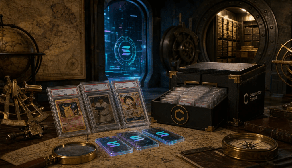 Display of graded Pokémon and other trading cards alongside Solana branding and Collector Crypt packaging in a collector’s setting.