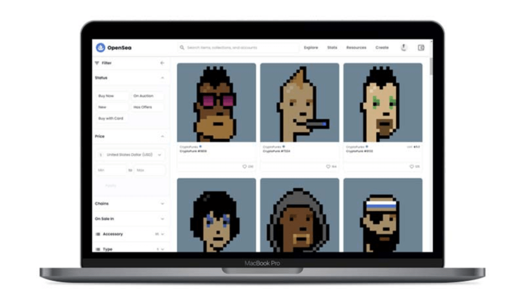 Laptop screen displaying OpenSea interface with multiple CryptoPunks NFTs available for purchase, showing their distinctive 24x24 pixel characters.