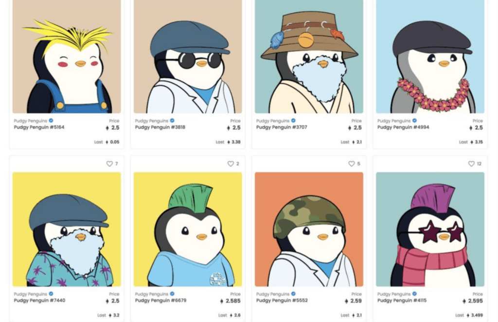 Grid of cartoon penguin characters from the Pudgy Penguins series displayed with their respective prices and attributes.