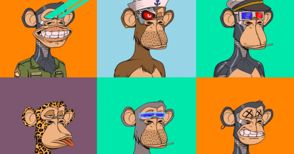 Grid of six colorful Bored Ape Yacht Club cartoon ape NFT characters with varied clothing, accessories, and backgrounds.