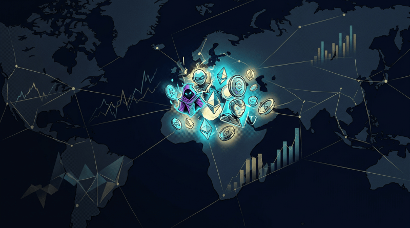 Glowing blockchain symbols and digital characters over a connected world map