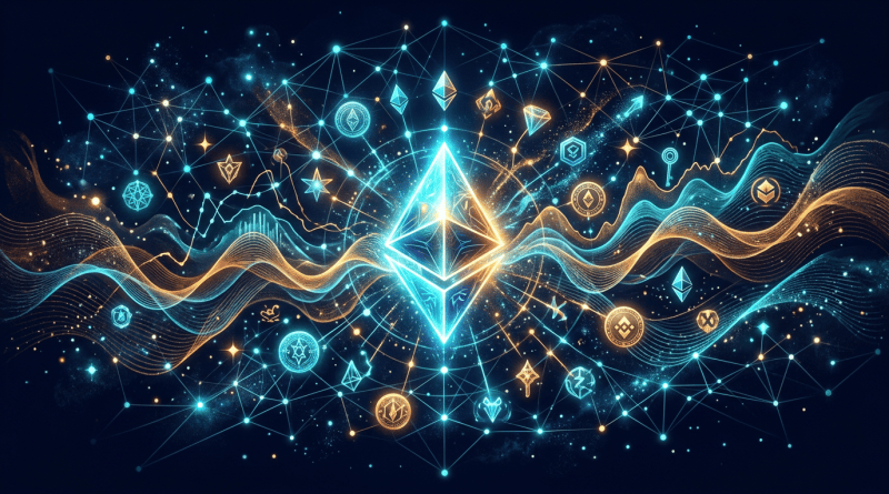 Glowing Ethereum logo surrounded by blockchain networks and cryptocurrency symbols