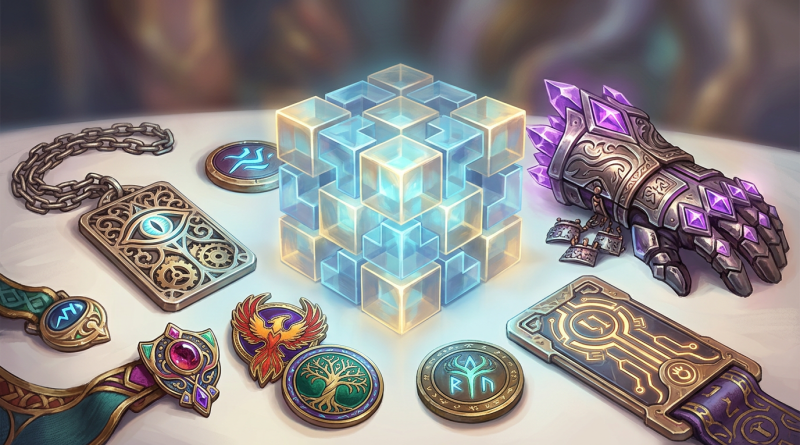 Fantasy artifacts surrounding a glowing blue geometric cube