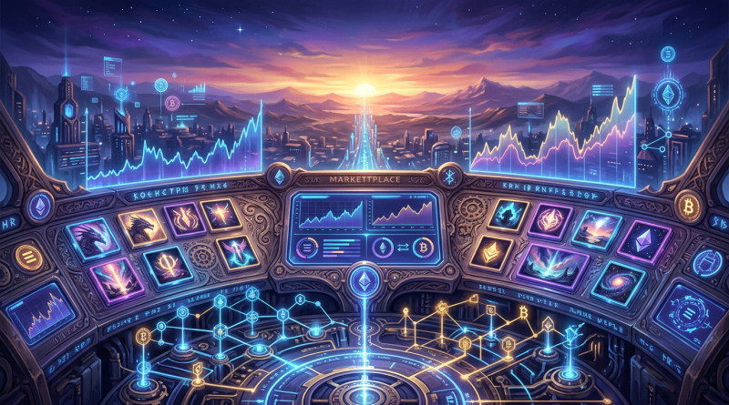 Futuristic cryptocurrency marketplace dashboard with charts and blockchain network diagrams