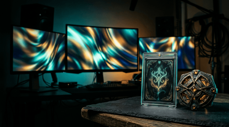 Mystical card and ornate die on a gaming desk