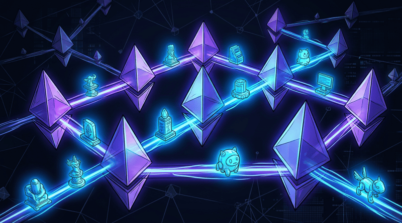 Glowing Ethereum symbols and digital assets connected by neon network pathways