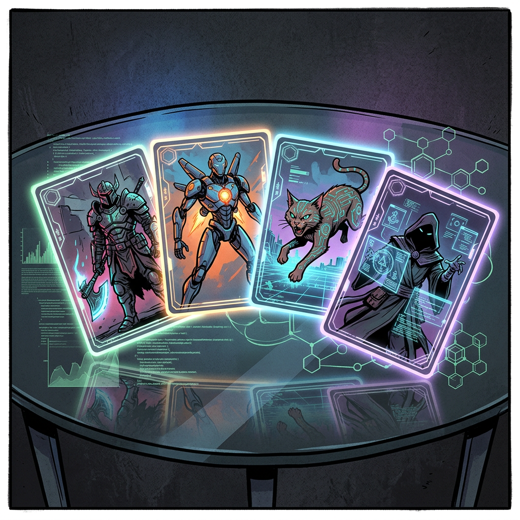Four glowing sci-fi character cards featuring a knight, robot, cat, and mage