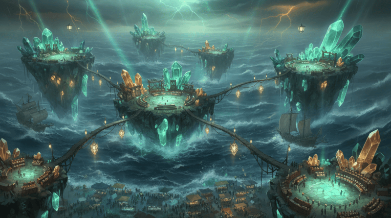 Fantasy landscape of floating crystal auction platforms over a stormy sea