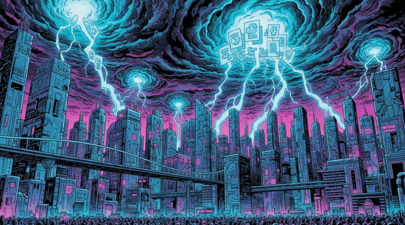 Comic landscape of neon storm over a blockchain city skyline