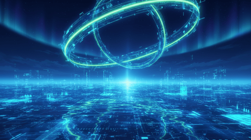 Anime landscape of a luminous ring over a neon trading ocean
