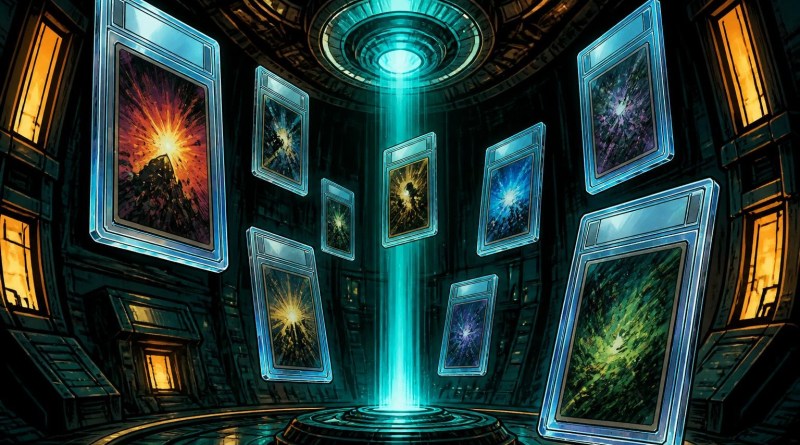 Comic vault of glowing holographic trading card slabs