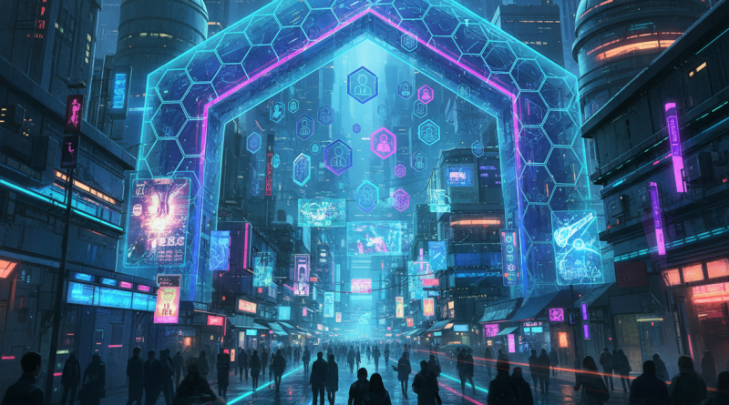 Anime futuristic KYC checkpoint over a neon marketplace